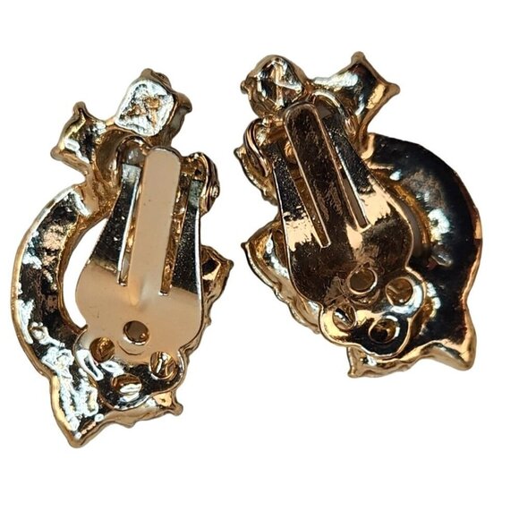 Vintage Gold-Tone Clip-On Earrings With Aurora Borealis Rhinestones 1" x .5" - Picture 2 of 10